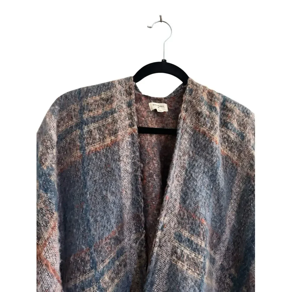 World Market Womens Open Poncho Sweater One Size Plaid Blue Silver #7398